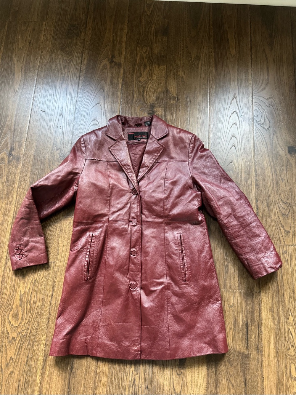 Vintage Phase Two Maroon Leather Coat Jacket Size Medium 90s Y2K